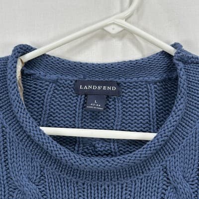 Lands End Roll Neck Sweater Mens Large Blue Cable Knit Cotton Pullover Vintage - Thumbnail 3