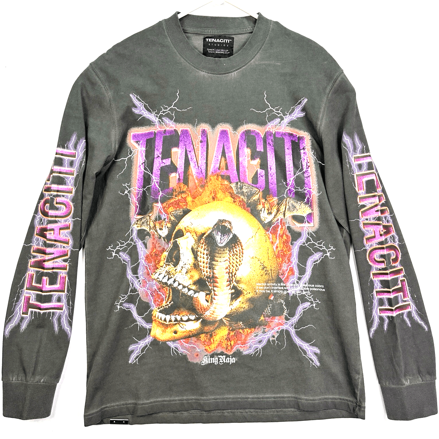 Tenaciti Crewneck T-Shirt Mens Medium Black Long Sleeve Streetwear Cobra Skull - Image 1