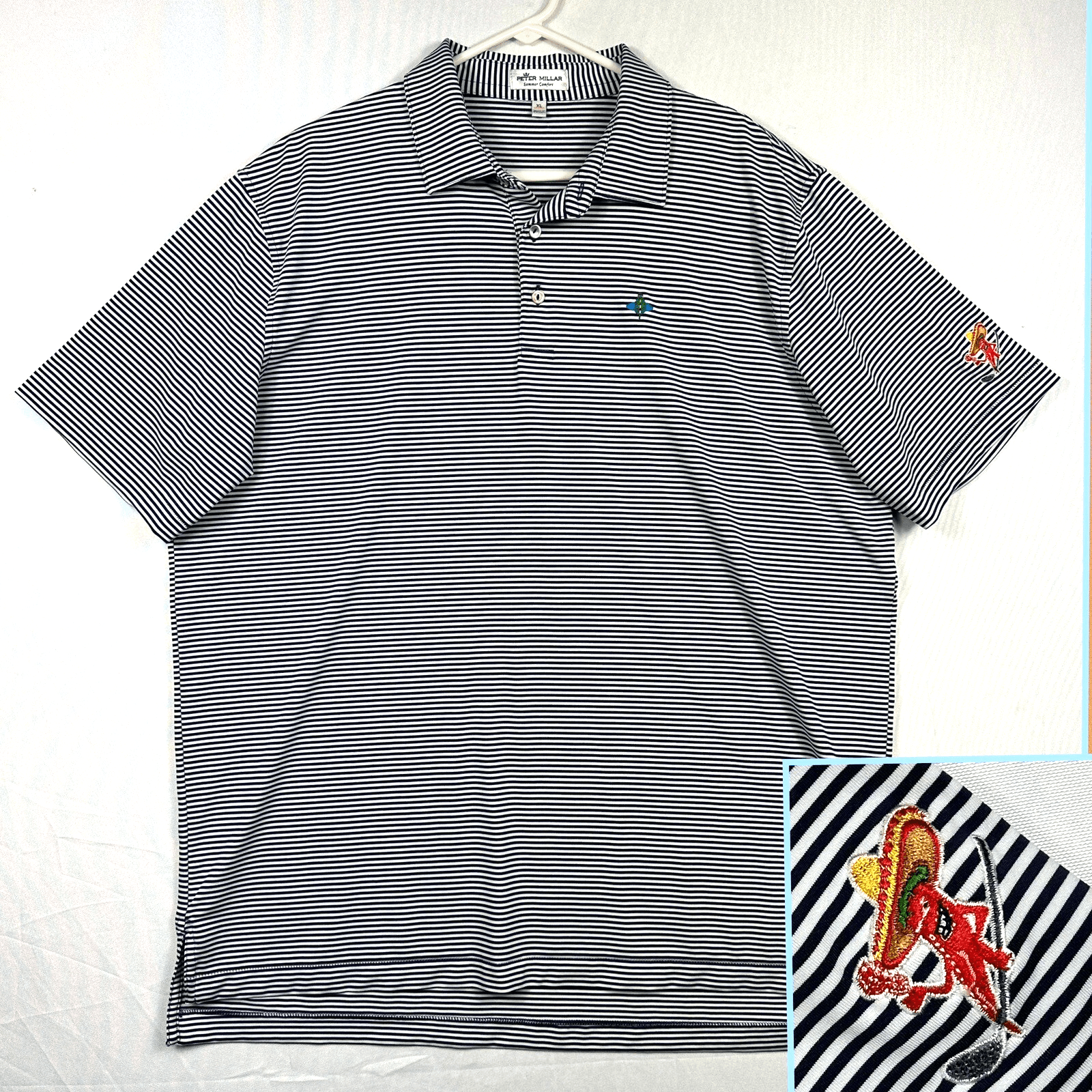 Peter Millar Golf Polo Mens XL Navy Blue Striped Summer Comfort Chili Pepper - Image 1