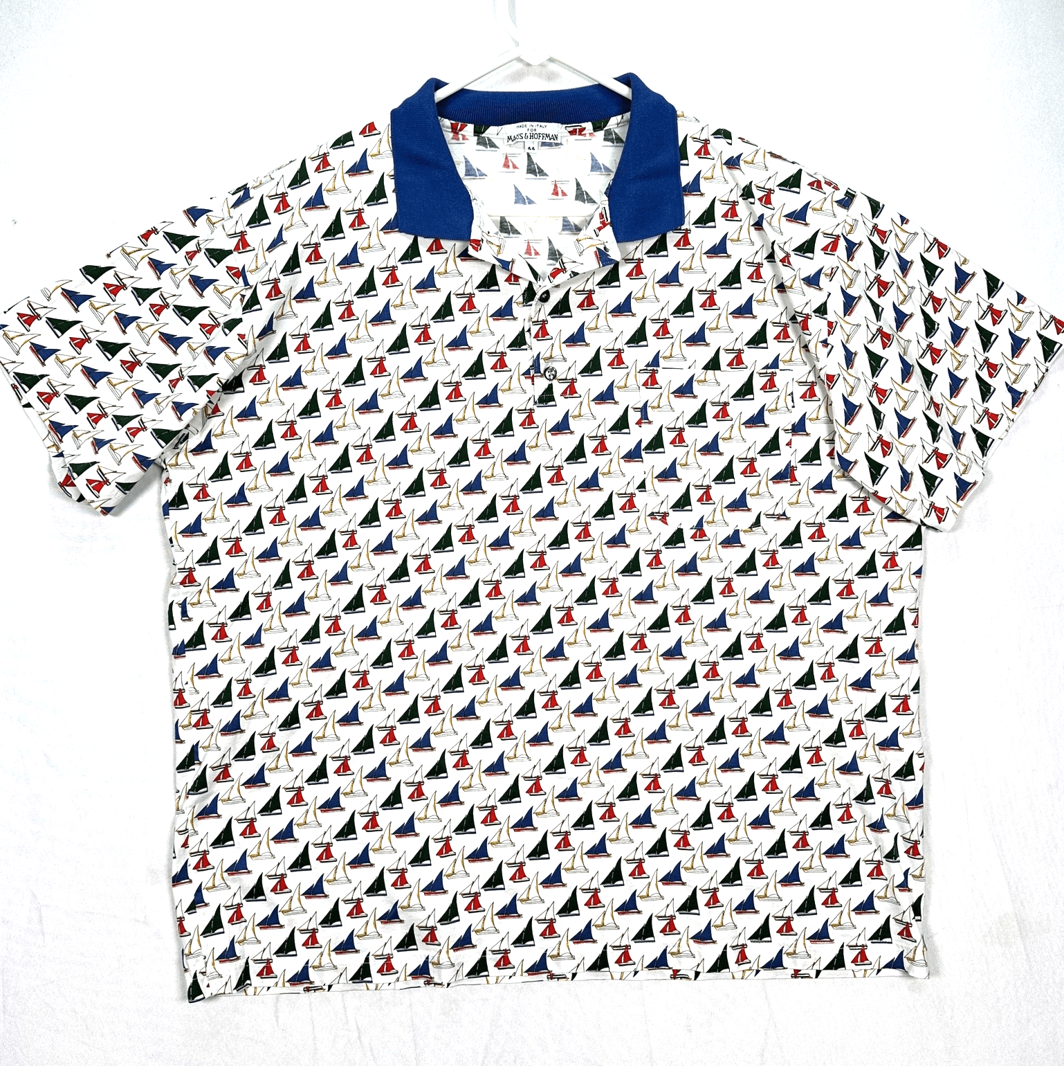 Maus & Hoffman Polo Shirt Mens 44 Large Blue White Nautical Sailboat AOP Italy - Image 1
