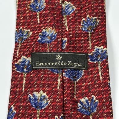 Ermenegildo Zegna Mens 100% Silk Tie Blue Red Floral Geometric Jacquard Necktie - Thumbnail 4