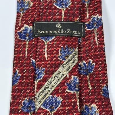 Ermenegildo Zegna Mens 100% Silk Tie Blue Red Floral Geometric Jacquard Necktie - Thumbnail 5