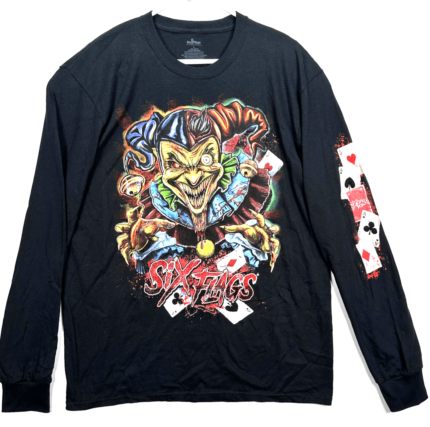 Six Flags Long Sleeve T-Shirt Mens Large Black Horror Clown Jester Scary Graphic - Image 1