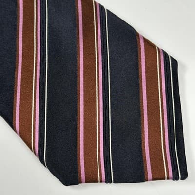 Canali Mens 100% Silk Tie Navy Brown Pink Stripe XL Necktie Classic Made Italy - Thumbnail 3