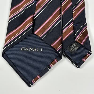 Canali Mens 100% Silk Tie Navy Brown Pink Stripe XL Necktie Classic Made Italy - Thumbnail 5