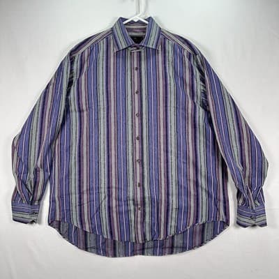 Etro Dress Shirt Mens 44 XL Purple Striped Jacquard Cotton Long Sleeve Italy - Thumbnail 2