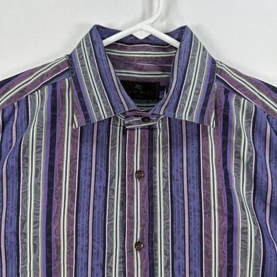 Etro Dress Shirt Mens 44 XL Purple Striped Jacquard Cotton Long Sleeve Italy - Thumbnail 4