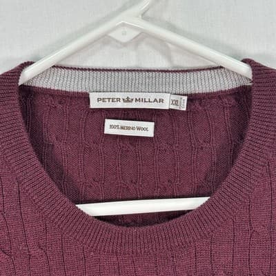 Peter Millar Sweater Mens 2XL Burgundy 100% Merino Wool Cable Knit Crewneck - Thumbnail 5