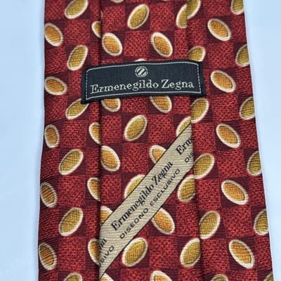 Ermenegildo Zegna 100% Silk Tie Mens Red Orange Geometric Medallions Italy EUC - Thumbnail 5