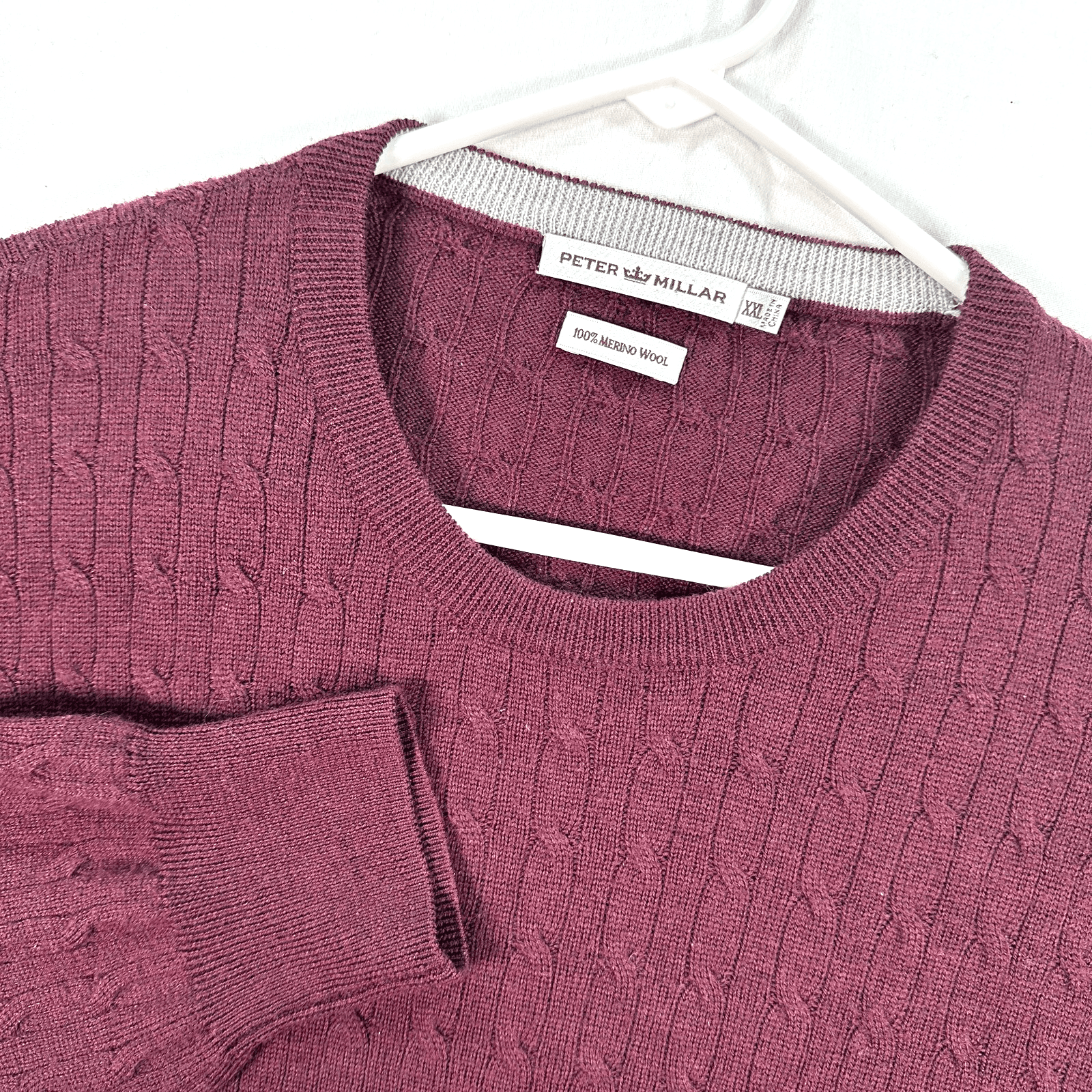Peter Millar Sweater Mens 2XL Burgundy 100% Merino Wool Cable Knit Crewneck - Thumbnail 2