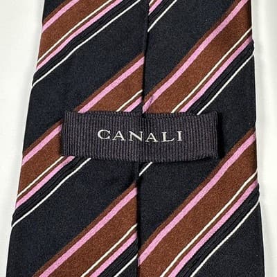 Canali Mens 100% Silk Tie Navy Brown Pink Stripe XL Necktie Classic Made Italy - Thumbnail 4