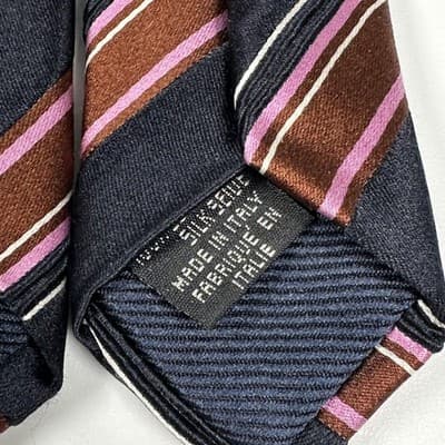 Canali Mens 100% Silk Tie Navy Brown Pink Stripe XL Necktie Classic Made Italy - Thumbnail 6