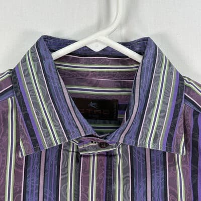Etro Dress Shirt Mens 44 XL Purple Striped Jacquard Cotton Long Sleeve Italy - Thumbnail 5