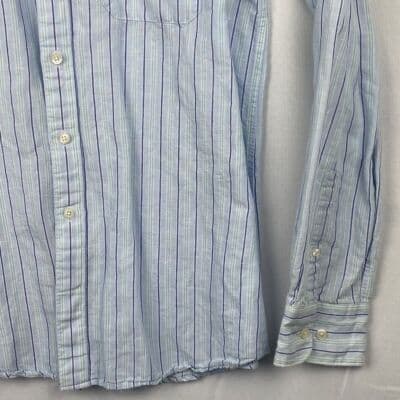 Lafayette Homme Womens Medium Linen Button Up Shirt Blue Striped Long Sleeve Top - Thumbnail 4