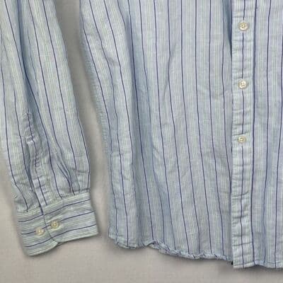 Lafayette Homme Womens Medium Linen Button Up Shirt Blue Striped Long Sleeve Top - Thumbnail 5
