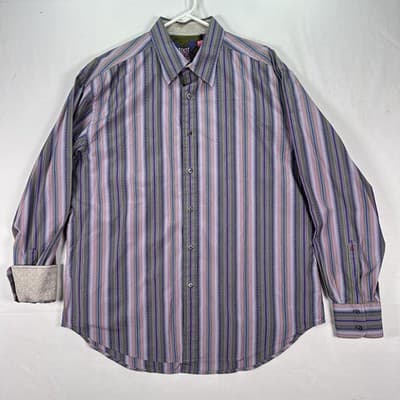 Robert Graham Shirt Mens 2XL Pink Purple Striped Silk Trim Long Sleeve Flip Cuff - Thumbnail 2