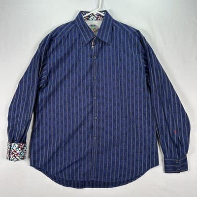 Robert Graham Shirt Mens 2XL Blue Striped Long Sleeve Flip Cuff Embroidered - Thumbnail 2