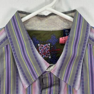 Robert Graham Shirt Mens 2XL Pink Purple Striped Silk Trim Long Sleeve Flip Cuff - Thumbnail 5