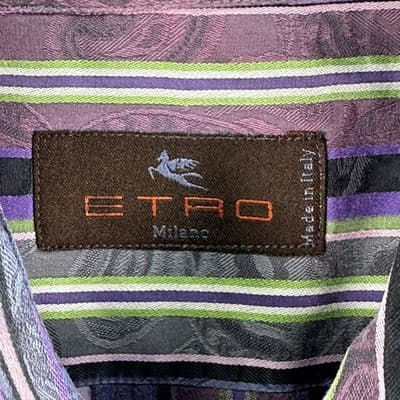 Etro Dress Shirt Mens 44 XL Purple Striped Jacquard Cotton Long Sleeve Italy - Thumbnail 6