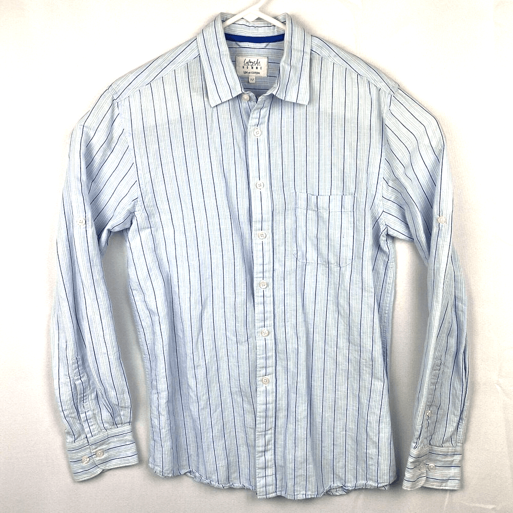 Lafayette Homme Womens Medium Linen Button Up Shirt Blue Striped Long Sleeve Top - Image 1