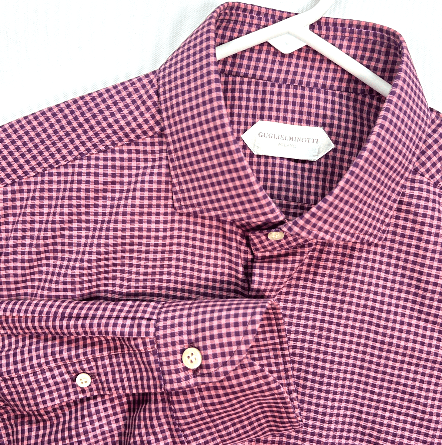 Guglielminotti Milano Shirt Mens 16.5 42 Purple Pink Plaid Long Sleeve Button Up - Image 1