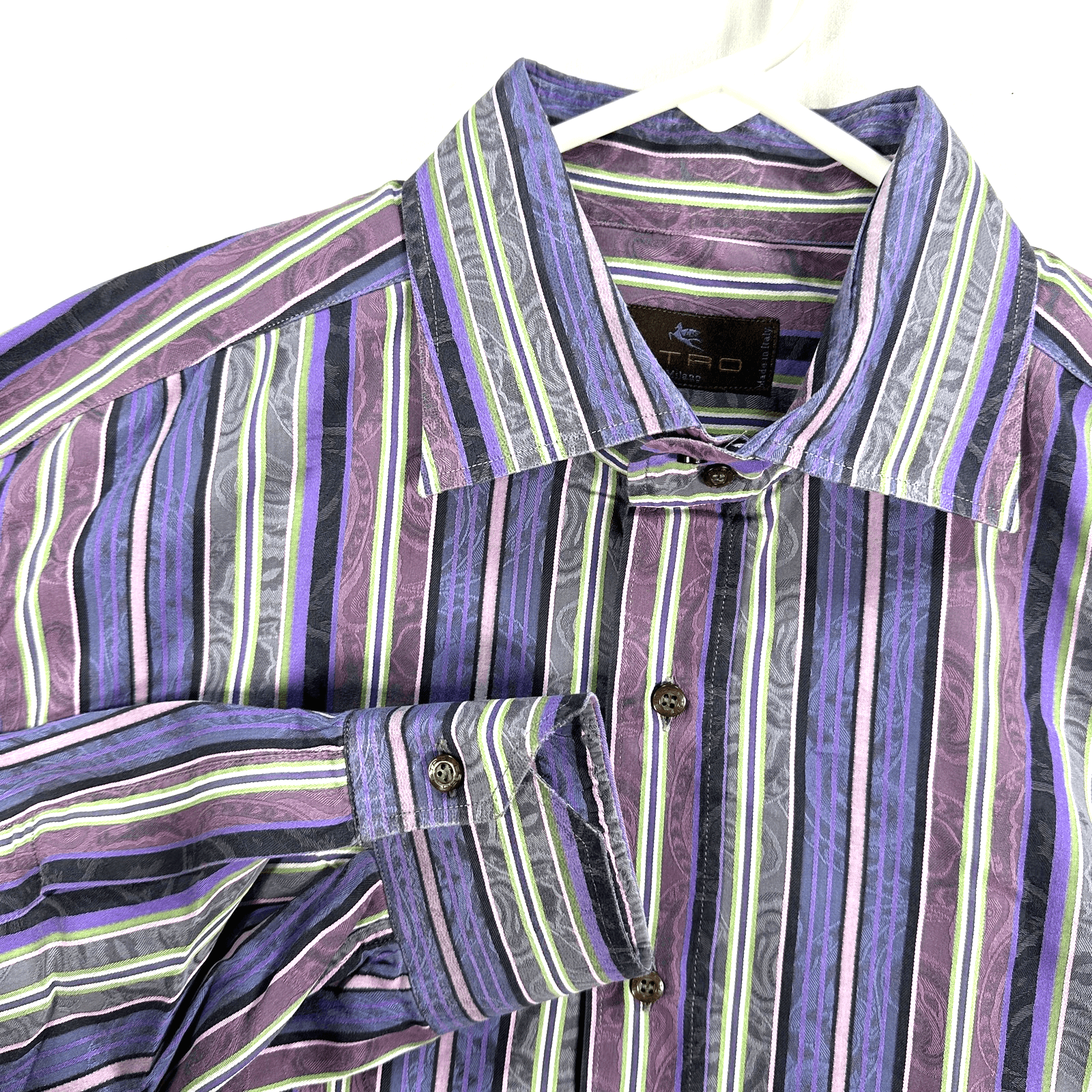 Etro Dress Shirt Mens 44 XL Purple Striped Jacquard Cotton Long Sleeve Italy - Image 1