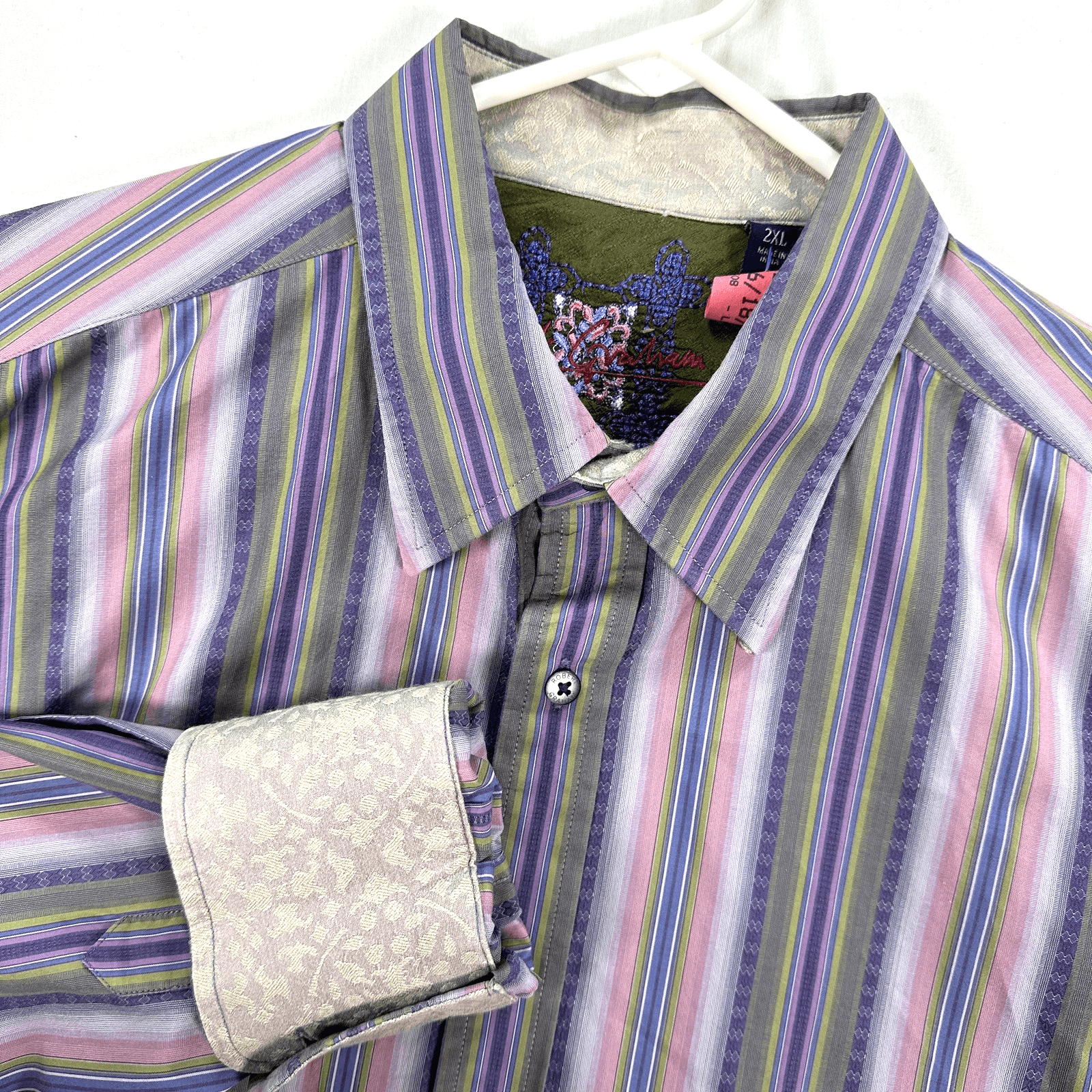 Robert Graham Shirt Mens 2XL Pink Purple Striped Silk Trim Long Sleeve Flip Cuff - Image 1