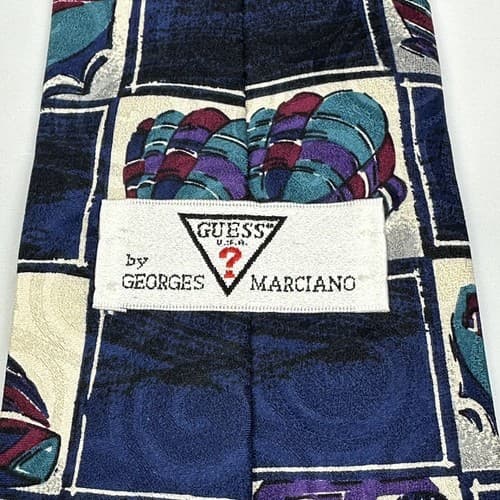 Vintage Guess Georges Marciano Mens 100% Silk Tie Race Car Horse Cowboy USA - Thumbnail 2
