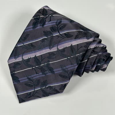 Bergamo New York Mens Silk Tie Woven Necktie Floral Striped Blue Purple Jacquard - Thumbnail 2