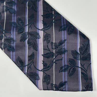 Bergamo New York Mens Silk Tie Woven Necktie Floral Striped Blue Purple Jacquard - Thumbnail 3