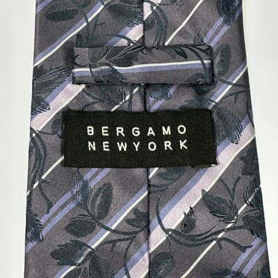 Bergamo New York Mens Silk Tie Woven Necktie Floral Striped Blue Purple Jacquard - Thumbnail 4