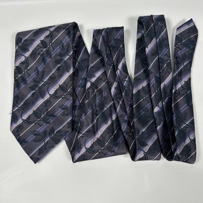 Bergamo New York Mens Silk Tie Woven Necktie Floral Striped Blue Purple Jacquard - Thumbnail 6