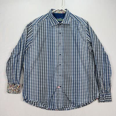 Robert Graham Shirt Men XL Blue Check Plaid Long Sleeve Classic Drinks Flip Cuff - Thumbnail 2