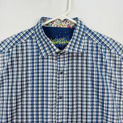 Robert Graham Shirt Men XL Blue Check Plaid Long Sleeve Classic Drinks Flip Cuff - Thumbnail 4