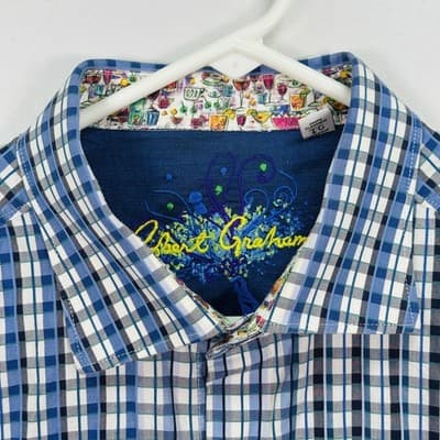 Robert Graham Shirt Men XL Blue Check Plaid Long Sleeve Classic Drinks Flip Cuff - Thumbnail 6