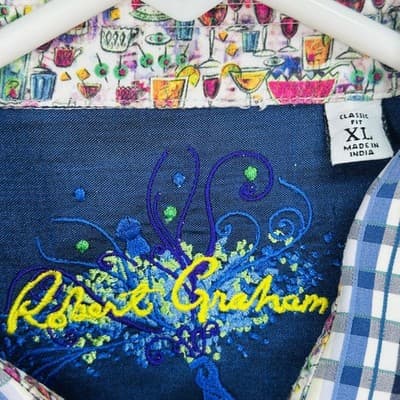Robert Graham Shirt Men XL Blue Check Plaid Long Sleeve Classic Drinks Flip Cuff - Thumbnail 7