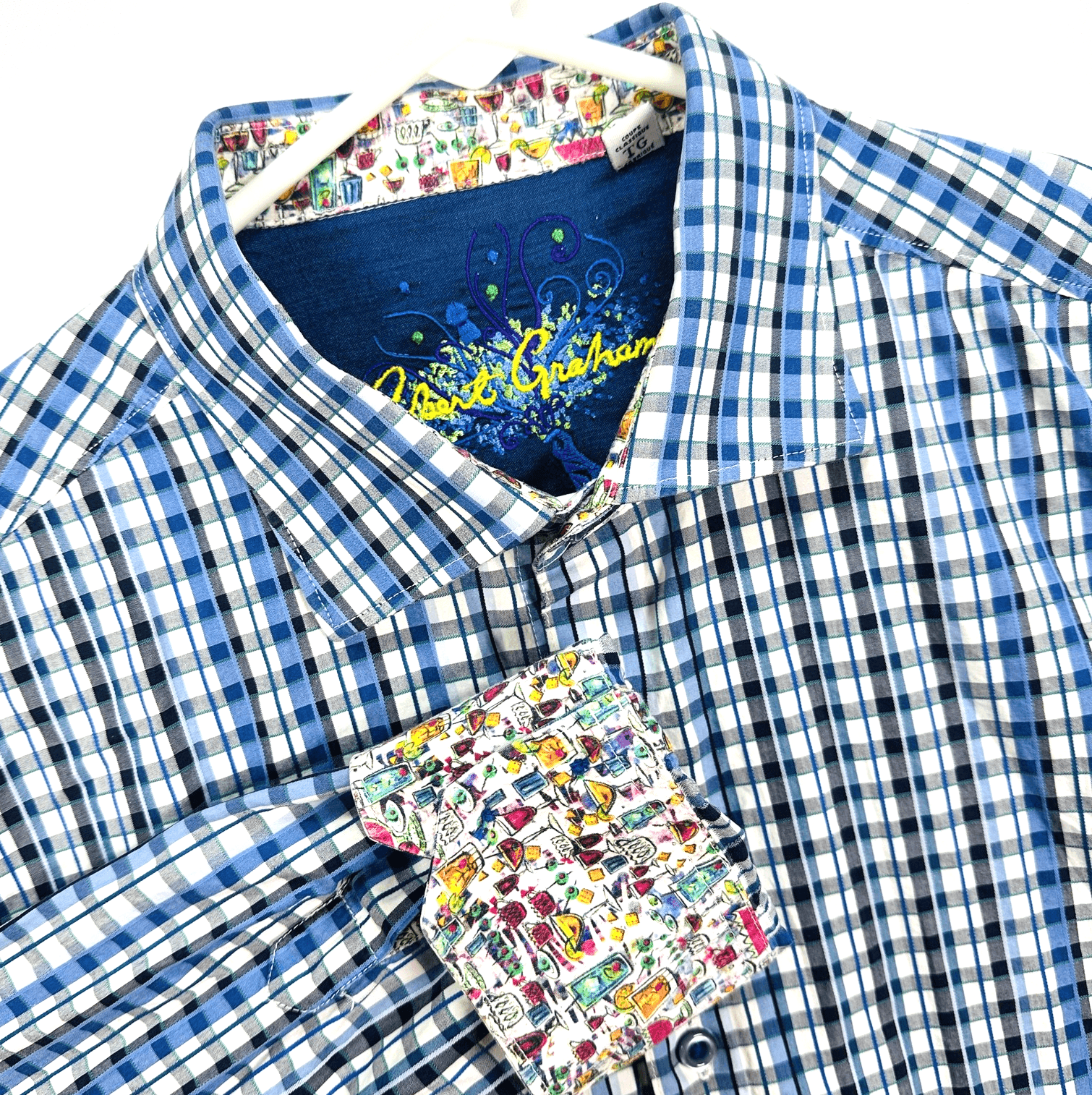 Robert Graham Shirt Men XL Blue Check Plaid Long Sleeve Classic Drinks Flip Cuff - Image 1