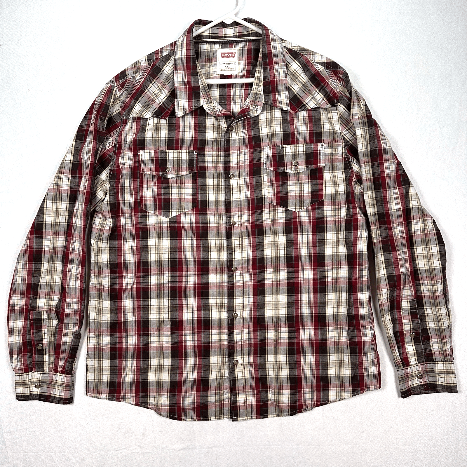 Vintage Levis Pearl Snap Shirt Mens 2XL Red Plaid Long Sleeve Cowboy Rodeo - Thumbnail 2