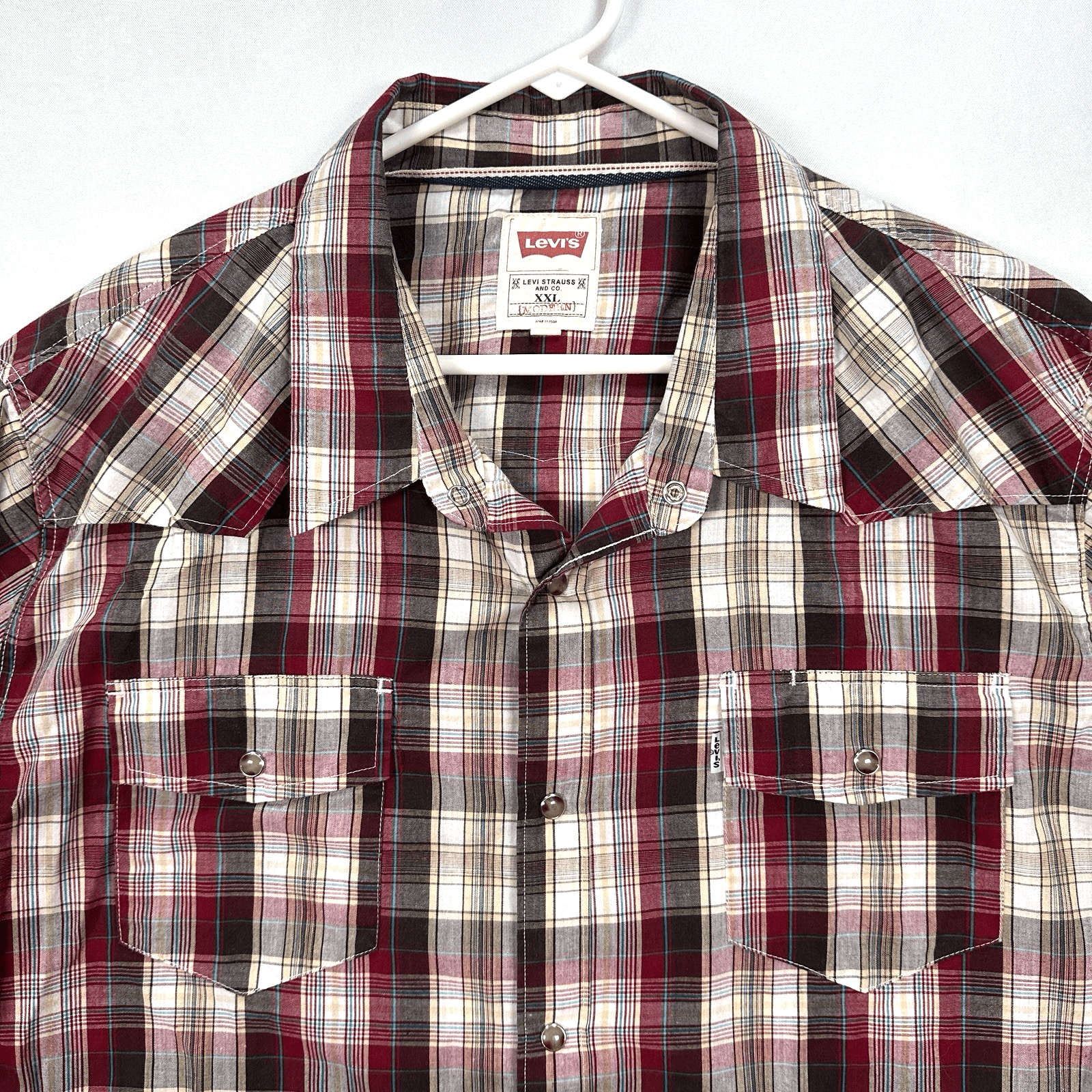 Vintage Levis Pearl Snap Shirt Mens 2XL Red Plaid Long Sleeve Cowboy Rodeo - Image 1