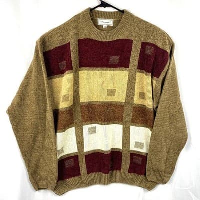 Bergati Mens Chenille Colorblock Geometric Sweater Brown Burgundy Size M Vintage