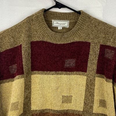 Bergati Mens Chenille Colorblock Geometric Sweater Brown Burgundy Size M Vintage - Thumbnail 6