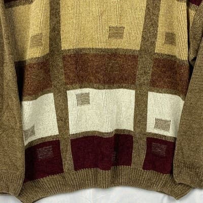 Bergati Mens Chenille Colorblock Geometric Sweater Brown Burgundy Size M Vintage - Thumbnail 3