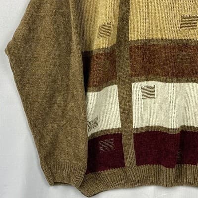 Bergati Mens Chenille Colorblock Geometric Sweater Brown Burgundy Size M Vintage - Thumbnail 5