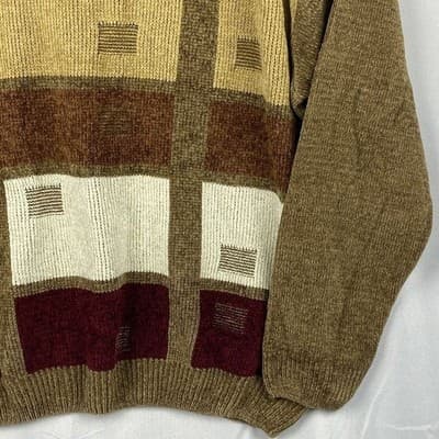 Bergati Mens Chenille Colorblock Geometric Sweater Brown Burgundy Size M Vintage - Thumbnail 4