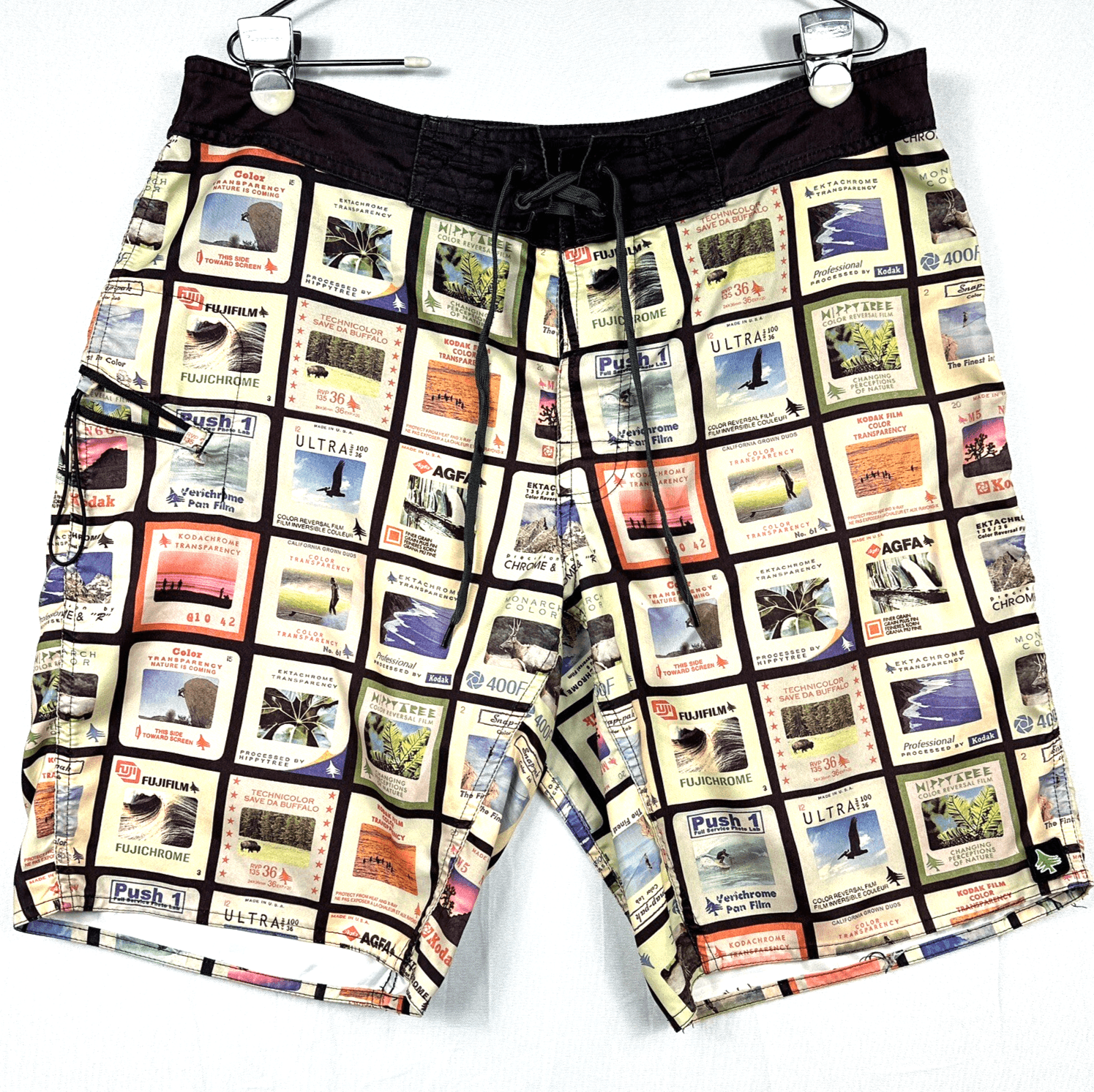 Hippy Tree Board Shorts Mens 36 Surf Swim Trunks Surf Multicolor Camera Print 9"