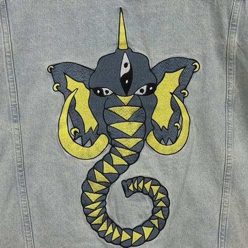 Rare Pance News Denim Trucker Jacket Womens 3XL Blue Embroidered Elephant - Thumbnail 8