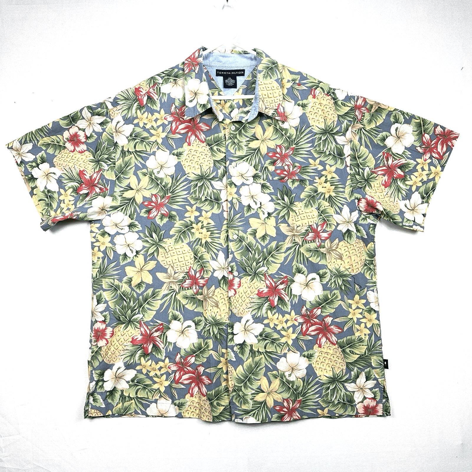 Vintage Tommy Hilfiger Hawaiian Shirt Men 2XL Floral Pineapple Camp Short Sleeve