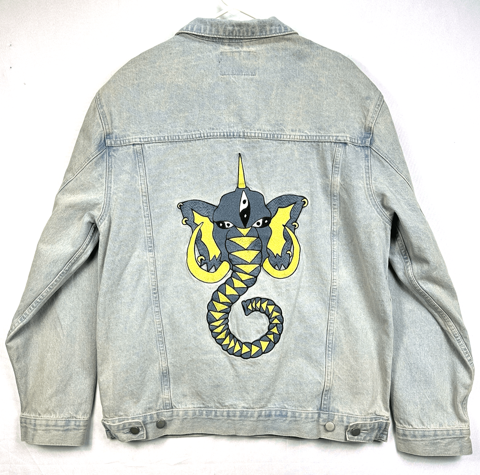 Rare Pance News Denim Trucker Jacket Womens 3XL Blue Embroidered Elephant