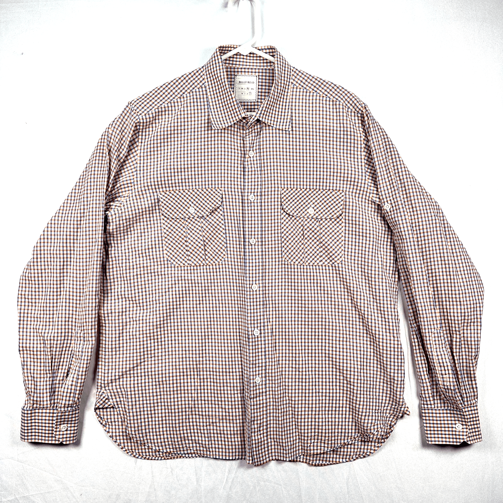 Billy Reid Linen Blend Shirt Mens XL Orange Blue Check Button Long Sleeve Fit 3