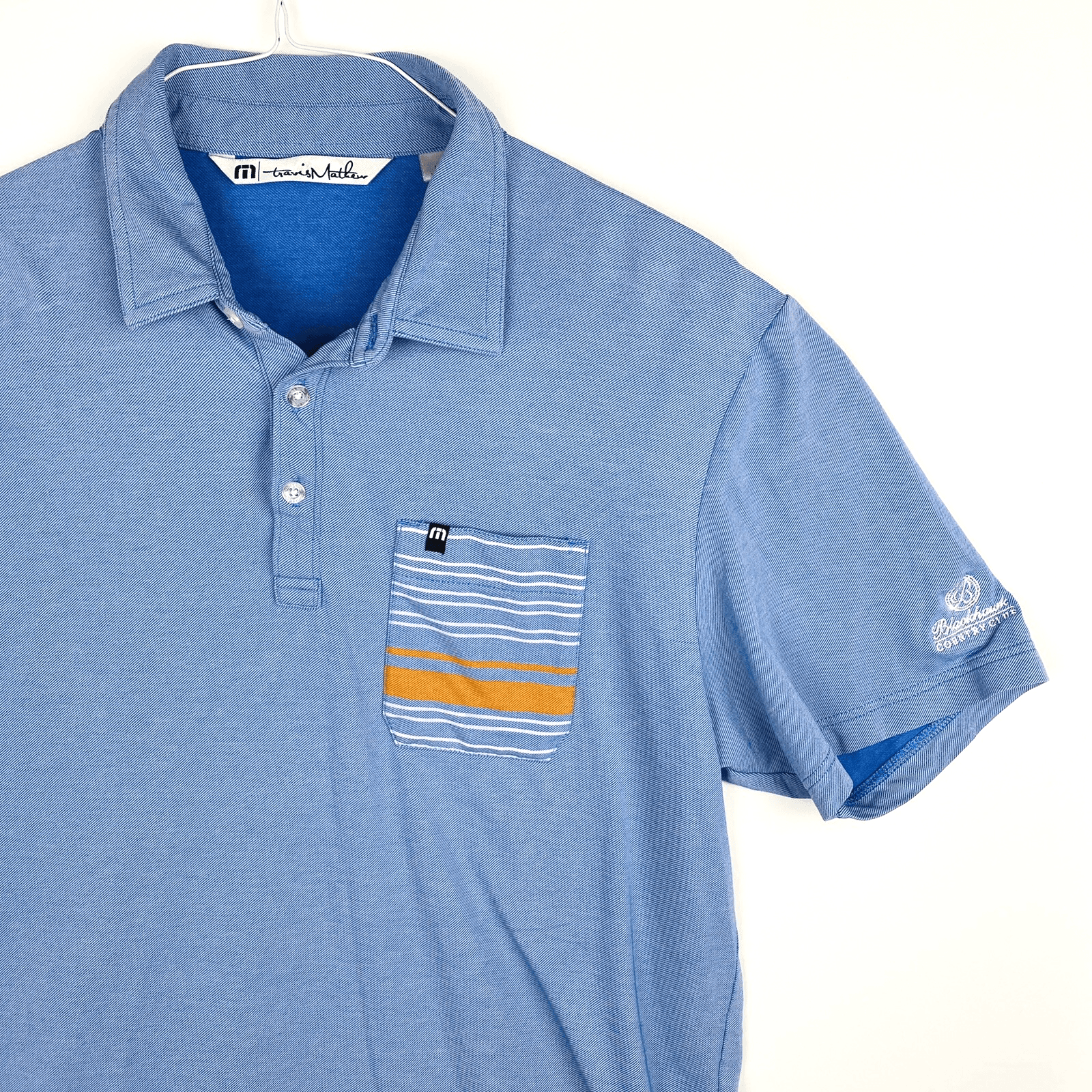 TRAVIS MATHEW Golf Polo Shirt Mens Large Performance Blue Pocket Blackhawk CC